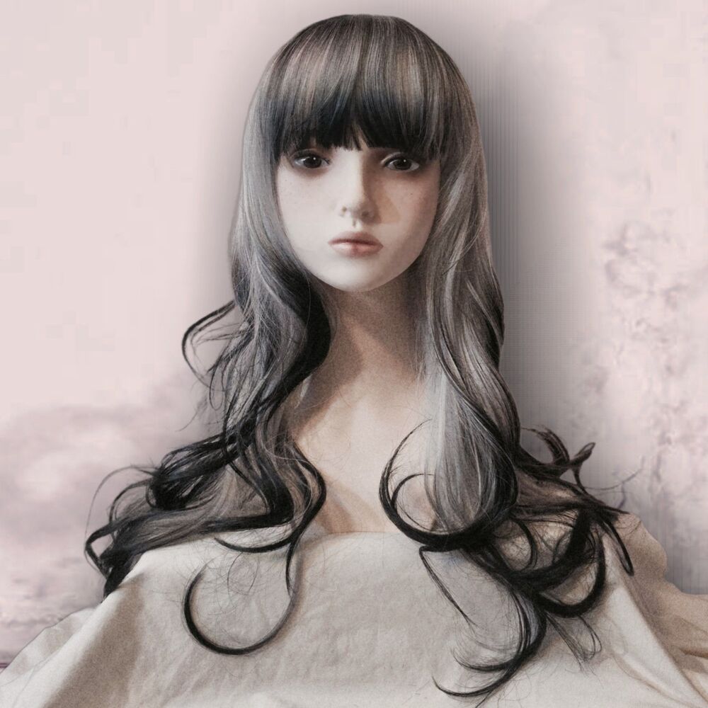 ★CUSTOM STYLED★ Silver Grey & Black Layered Wave Wig 24" Bangs NWOT Cosplay